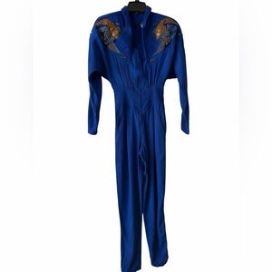 VTG IIF Blue Jumpsuit Beaded Open Collar Zip Front Embellished Shoulder Size 8